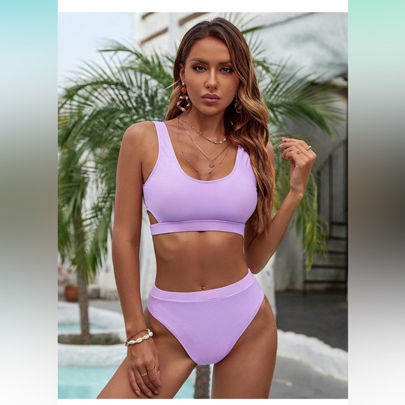 Blooming Jelly NWT Women's High Waisted Swimsuit Crop Top bikini (violet) M - Picture 2 of 7